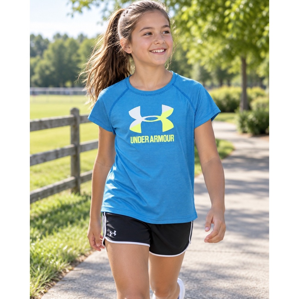Under Armour Girls HeatGear Blue Striped Logo Athletic T-Shirt YXL Loose Fit